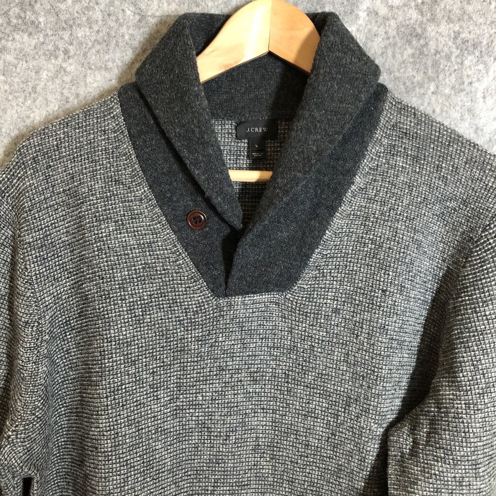 J.Crew Sweater Mens Large Gray 100% Wool Pullover Shawl‎ Collar Fisherman Marled